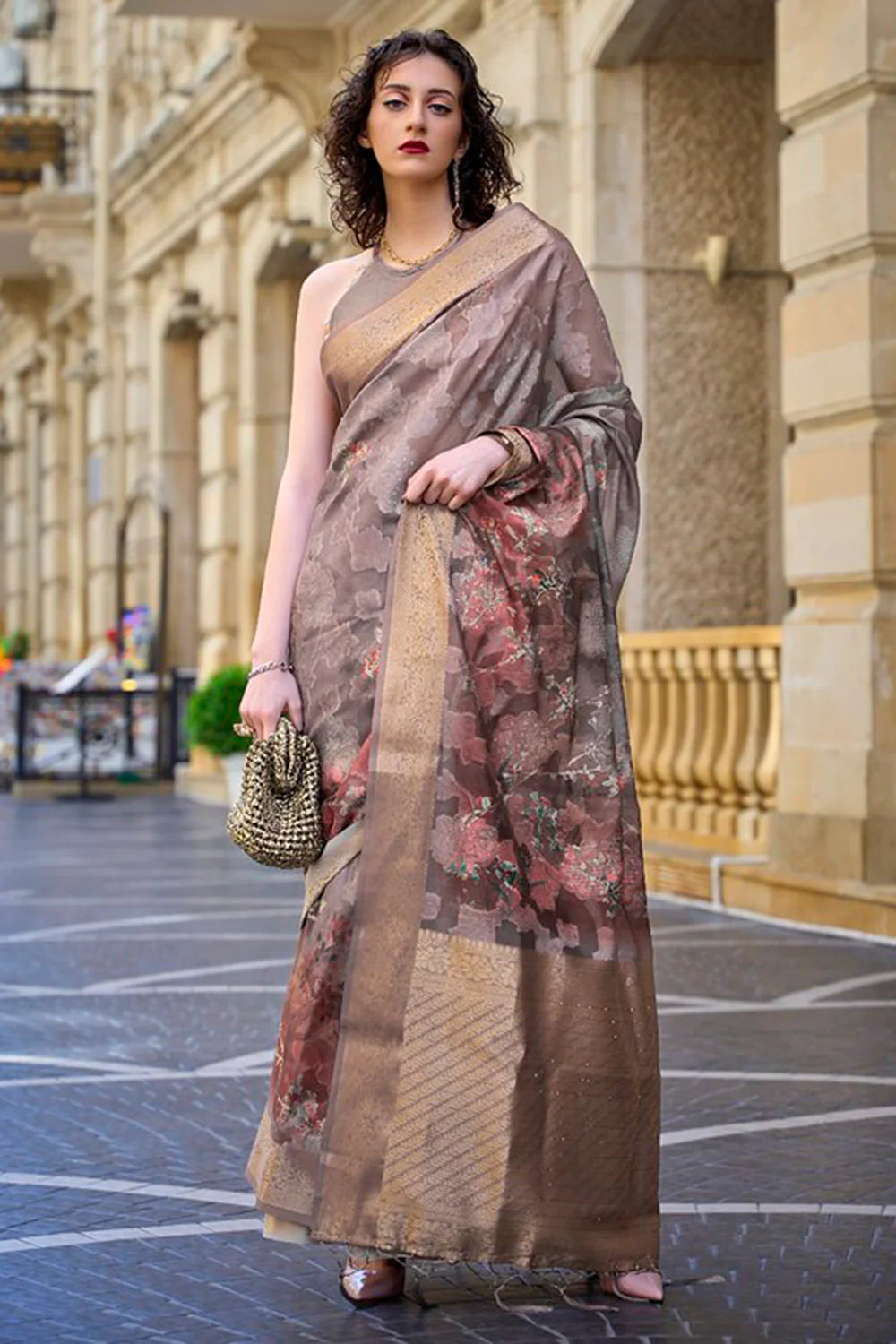 Pure Light Brown Color Printed Work Linen Saree