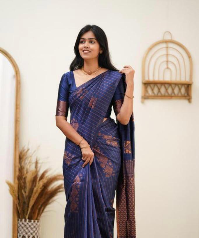 Eye-catching Royal Blue Colored Printed Saree For Women