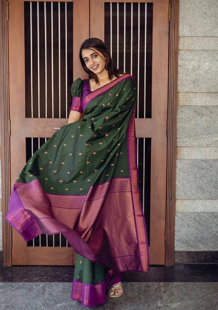 Gorgeous Dark Green Colored Printed Saree For Women