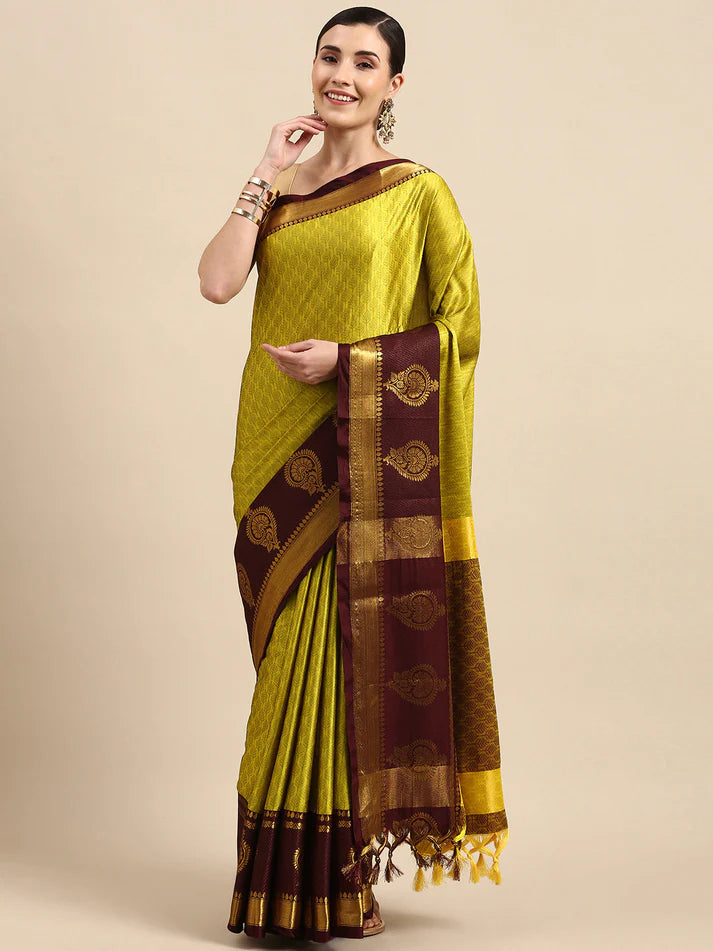 Graceful Lemon Maroon Soft Linen Saree