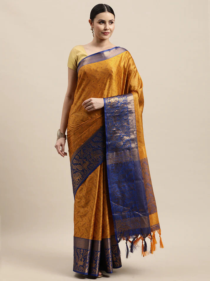 Amazing Gold Blue Soft Linen Saree