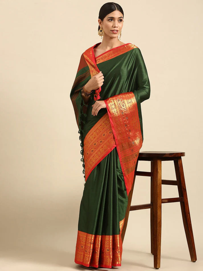 Marvellous Dark Green Red Soft Linen Saree