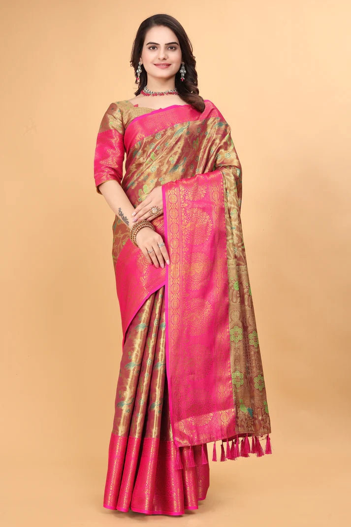 Imposing Royal Pink Minakari Soft Linen Saree