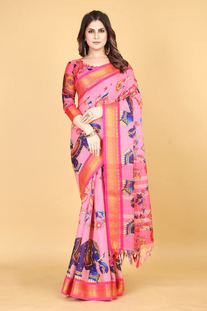 Opulent Pink Kalamkari Soft Linen Saree