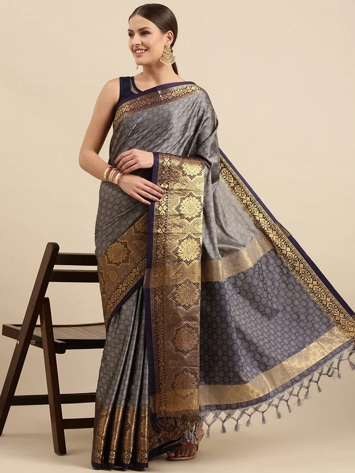 Ravishing Gray Navy Blue Woven Soft Linen Saree