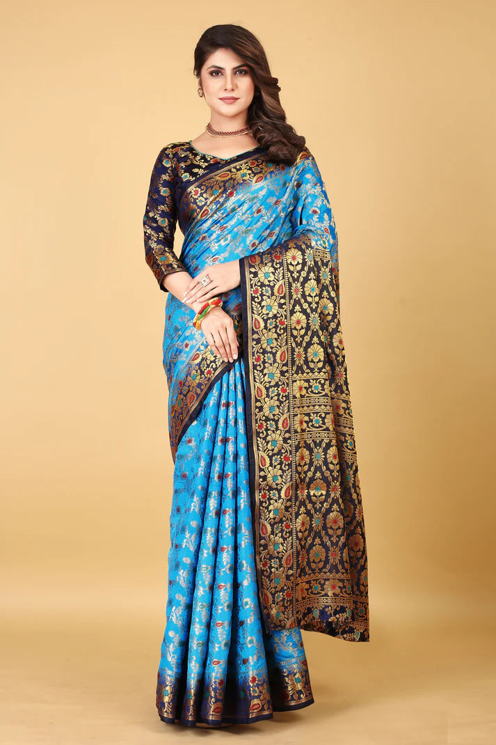 Pleasant Sky Royal Blue Minakari  Soft Linen Saree