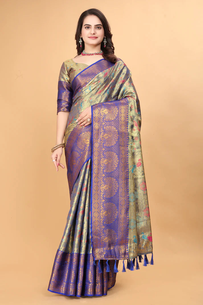 Breathtaking Royal Blue Minakari  Soft Linen Saree