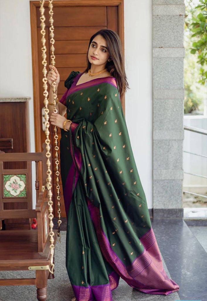 Gorgeous Dark Green Colored Printed Saree For Women