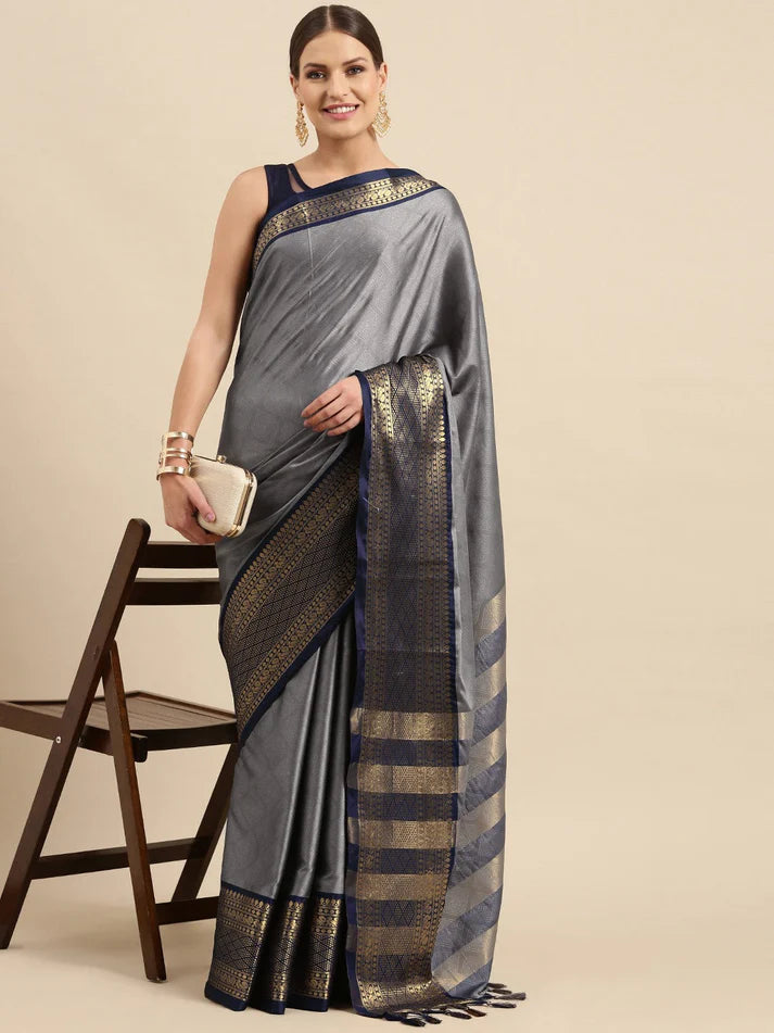 Elegant Gray Navy Blue Kanjivaram Soft Linen Saree