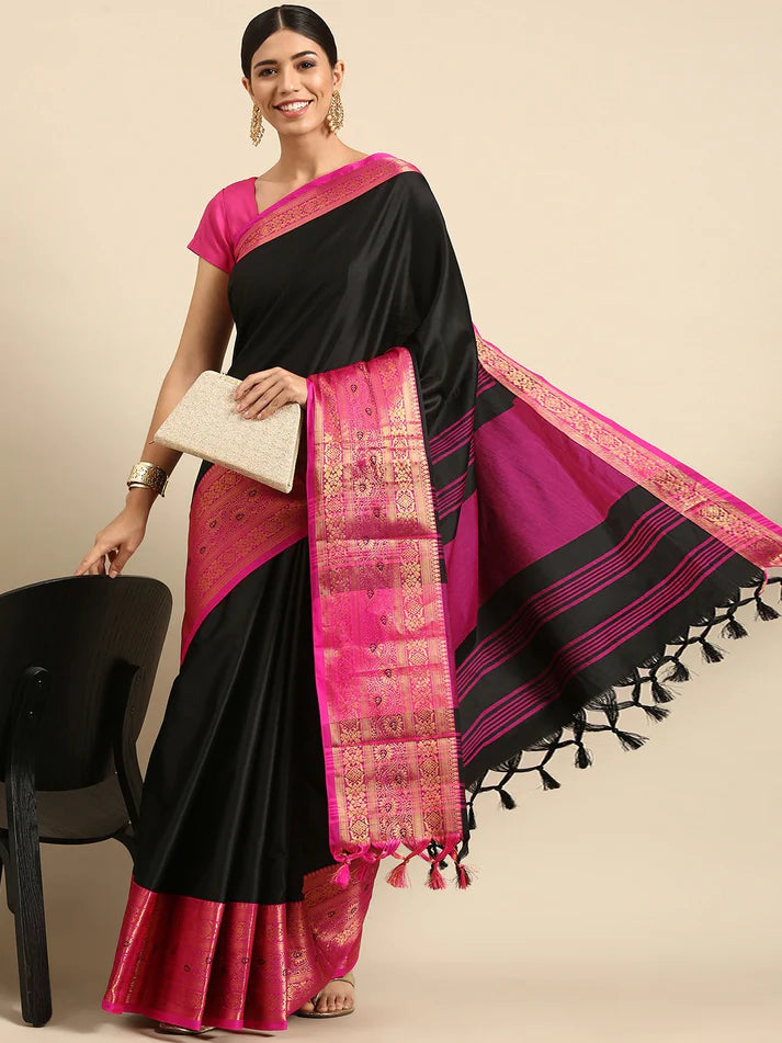 Admirable Navy Blue Pink Soft Linen Saree