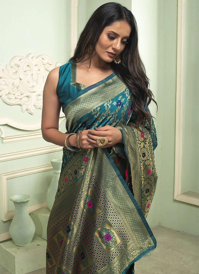 Refreshing Rama Colored Printed Saree For Women