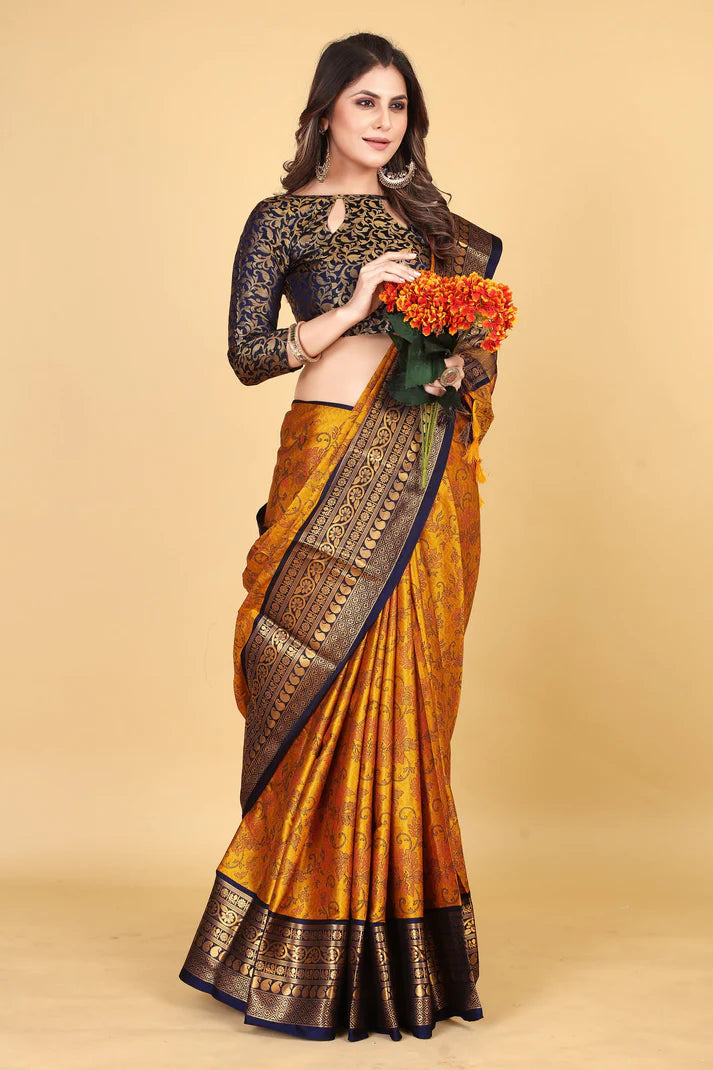 Marvellous Gold Navy Blue Flower Printed Soft Linen Saree