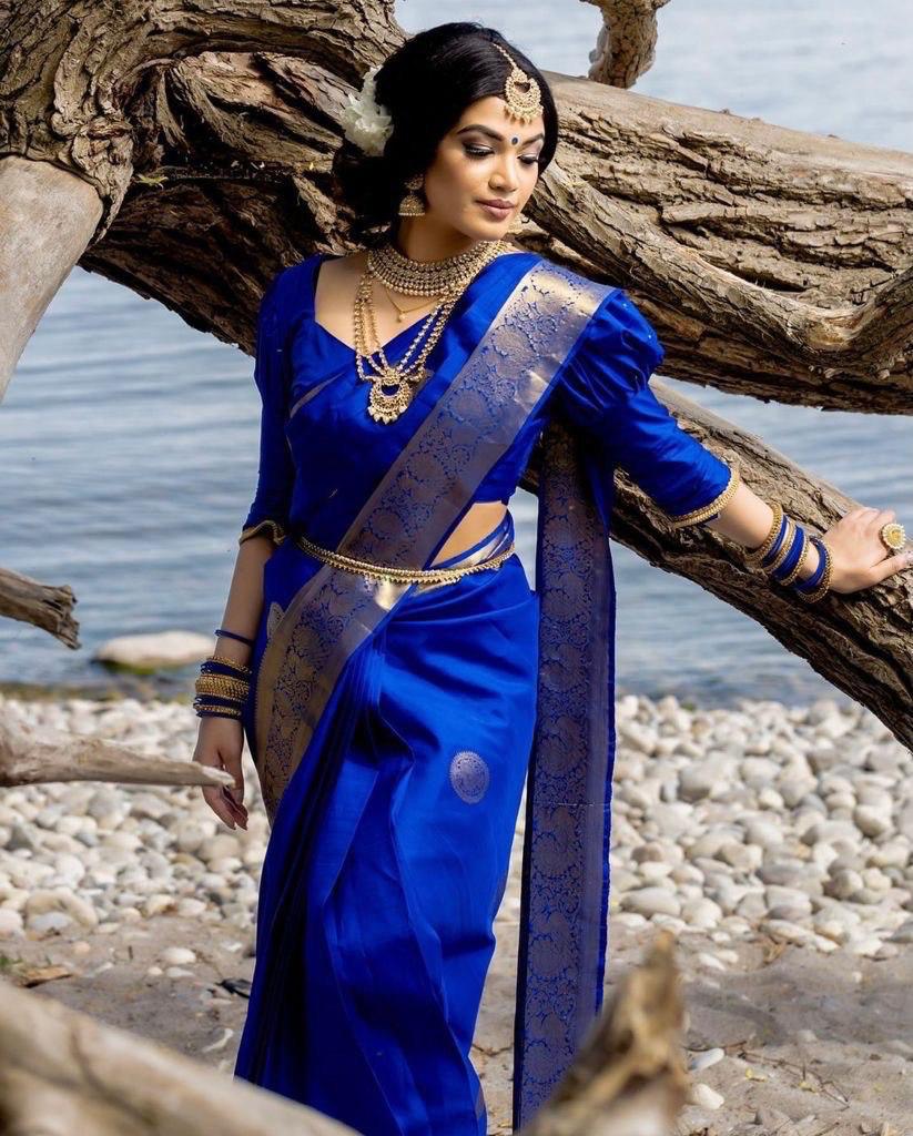 Premium Quality Royal Blue Colored Printed Saree For Women