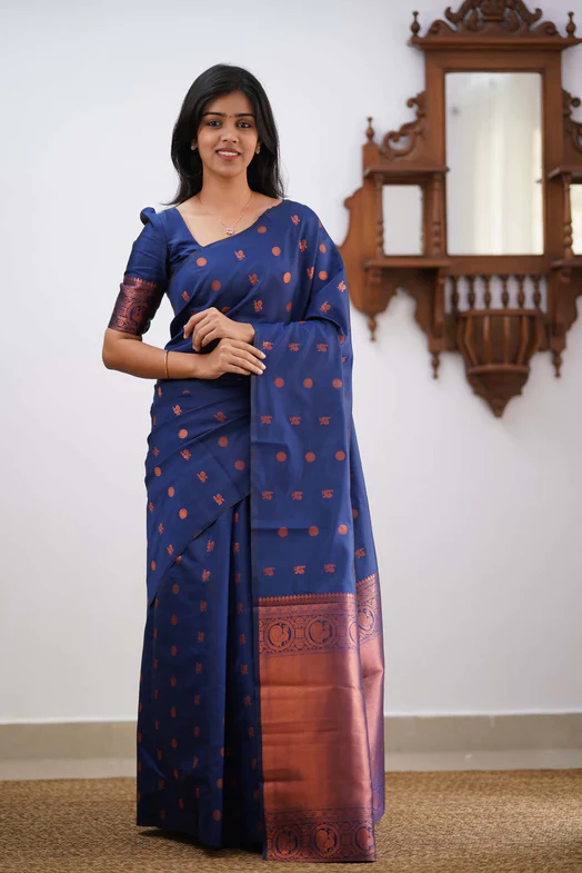 Prominent Royal Blue Colored Printed Saree For Women