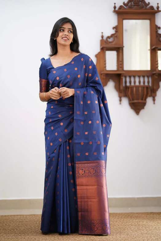 Prominent Royal Blue Colored Printed Saree For Women