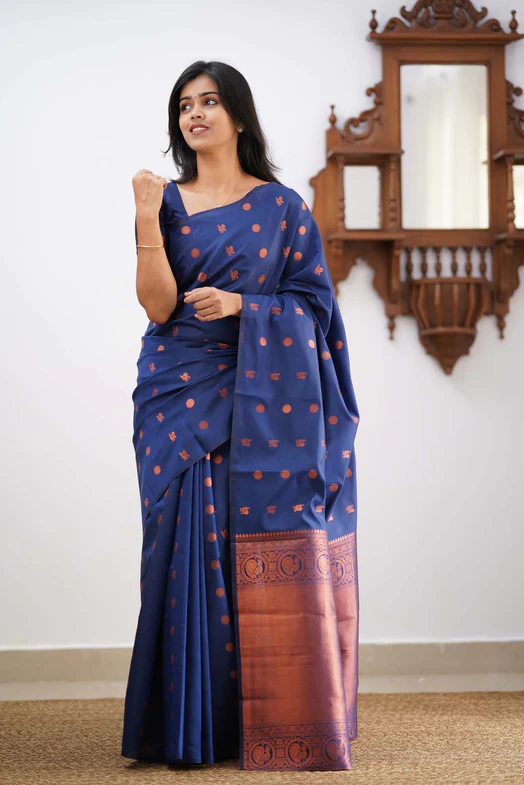 Prominent Royal Blue Colored Printed Saree For Women