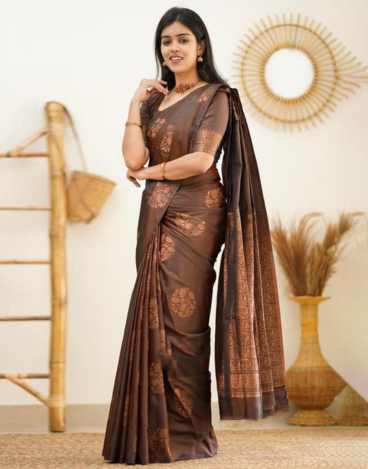 Jacquard Silk Sarees Brown Colour, Casual Wear