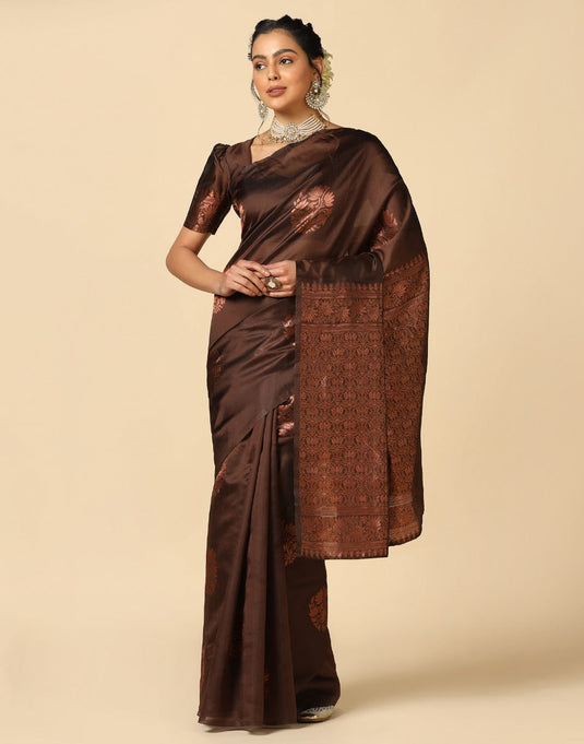 Jacquard Silk Sarees Brown Colour, Casual Wear