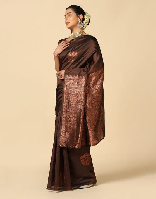 Jacquard Silk Sarees Brown Colour, Casual Wear