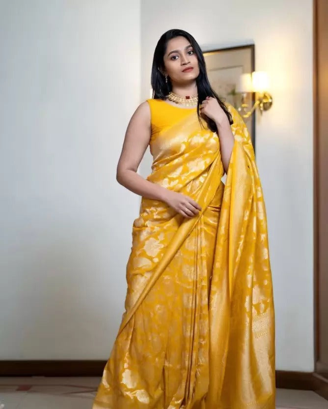 Pretty Yellow Colored Printed Saree For Women