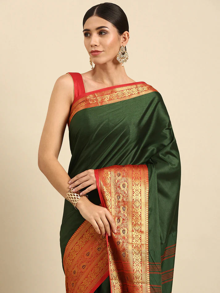 Marvellous Dark Green Red Soft Linen Saree