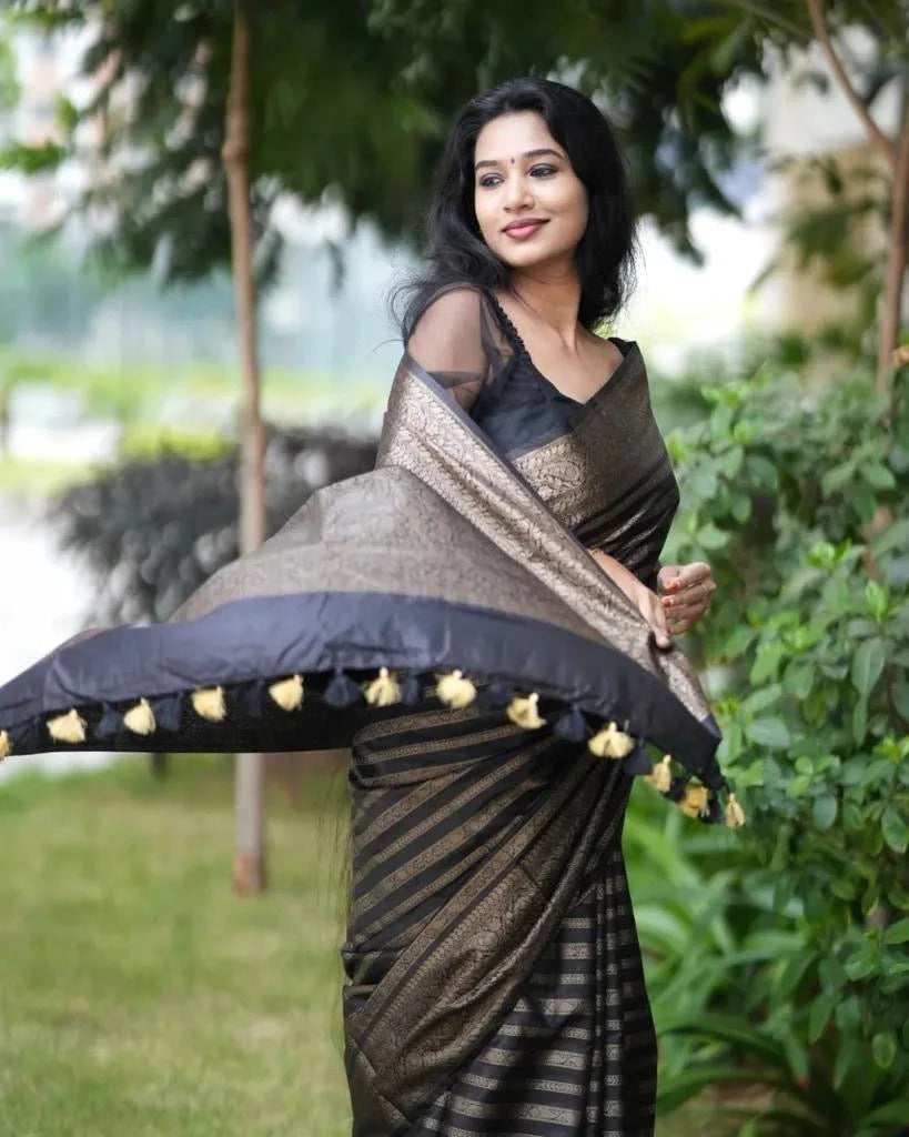 Charming Black Colored Printed Saree For Women