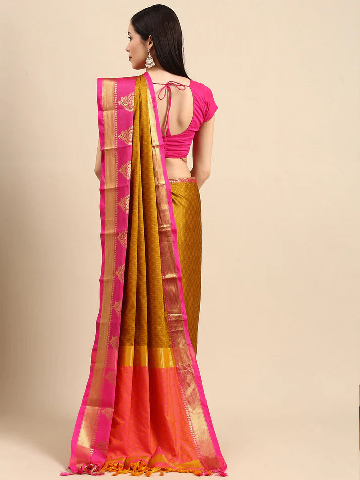 Entrancing Gold Pink Soft Linen Saree