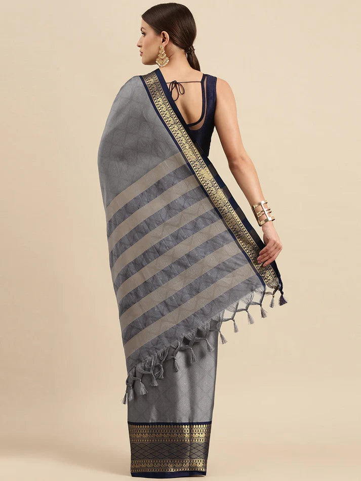 Elegant Gray Navy Blue Kanjivaram Soft Linen Saree