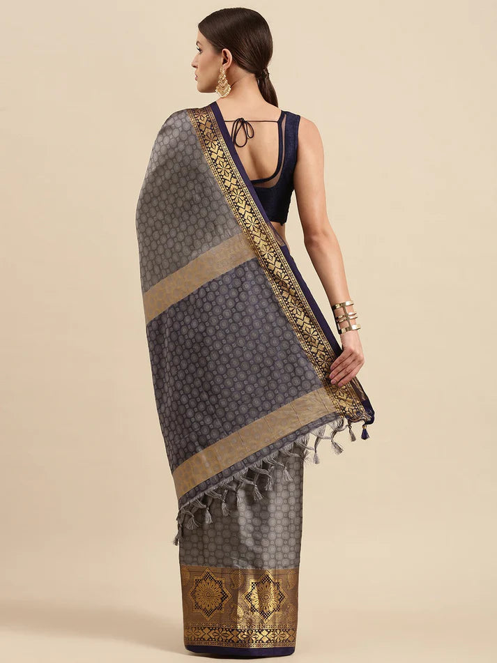 Ravishing Gray Navy Blue Woven Soft Linen Saree