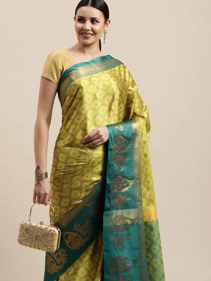 Unique Lemon Rama Woven Soft Linen Saree