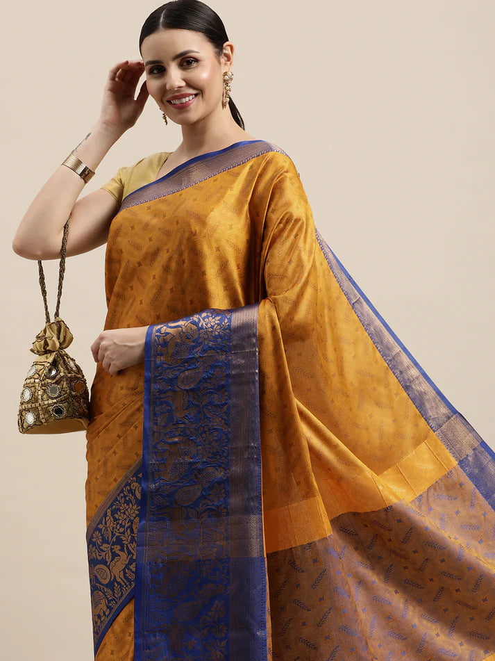 Amazing Gold Blue Soft Linen Saree