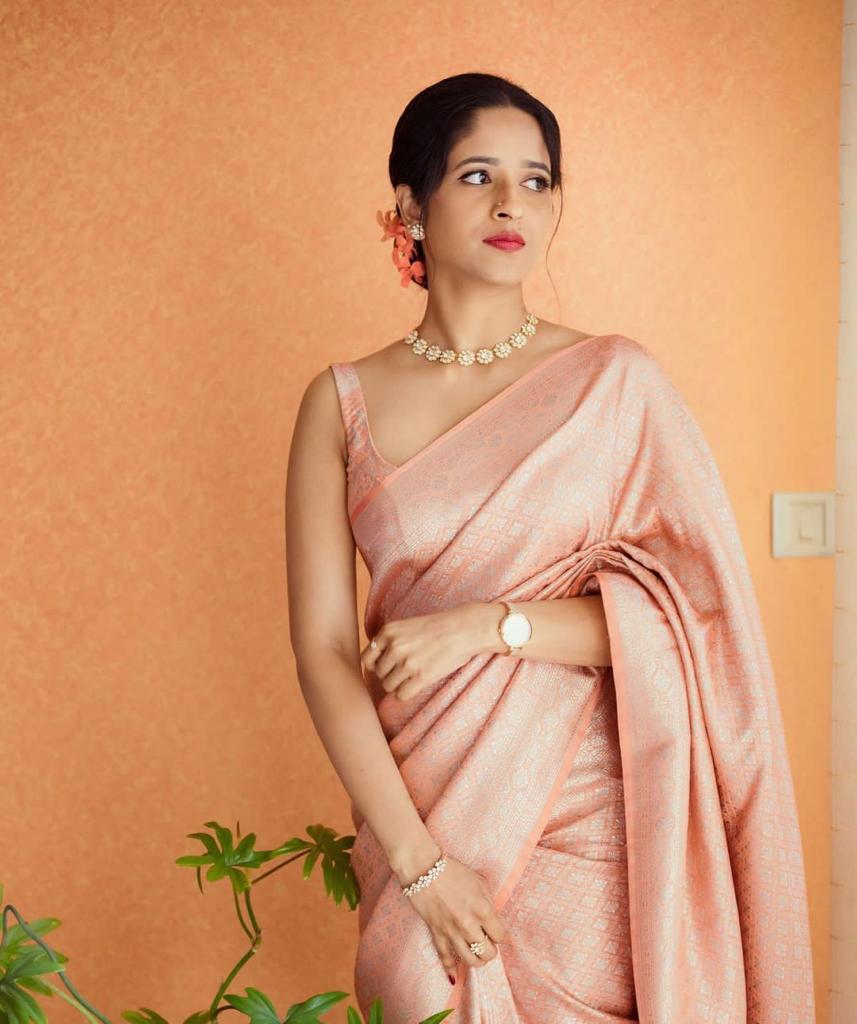 Preferable Peach Colored Printed Saree For Women