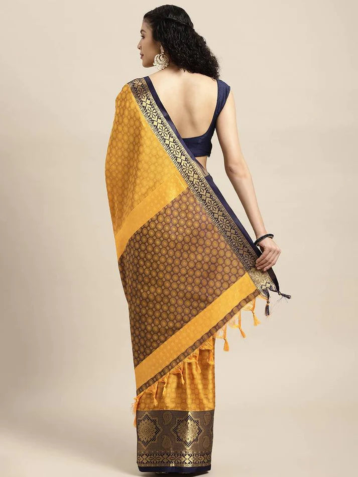 Glowing Gold Navy Blue Woven Soft Linen Saree