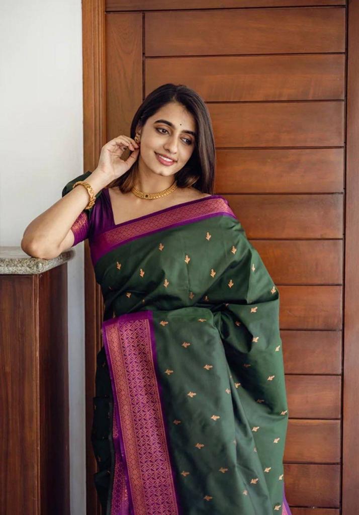 Gorgeous Dark Green Colored Printed Saree For Women