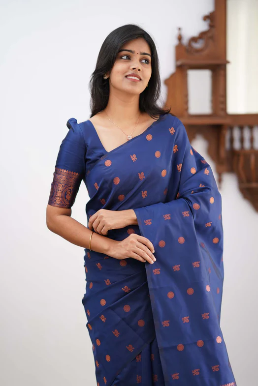 Prominent Royal Blue Colored Printed Saree For Women