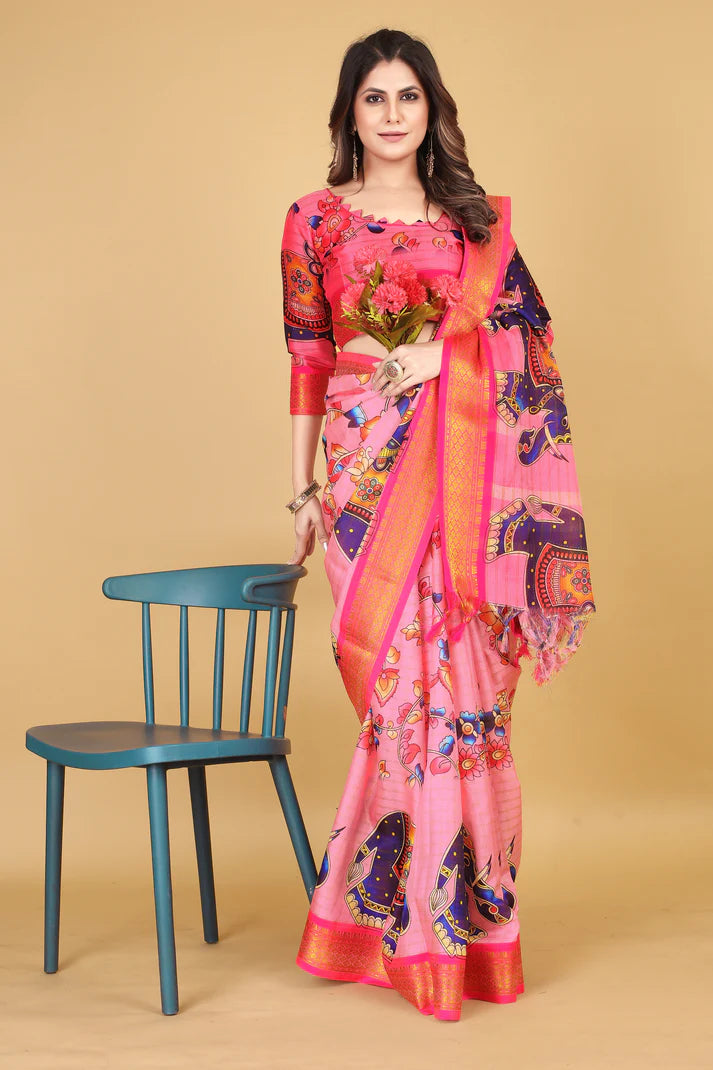 Opulent Pink Kalamkari Soft Linen Saree