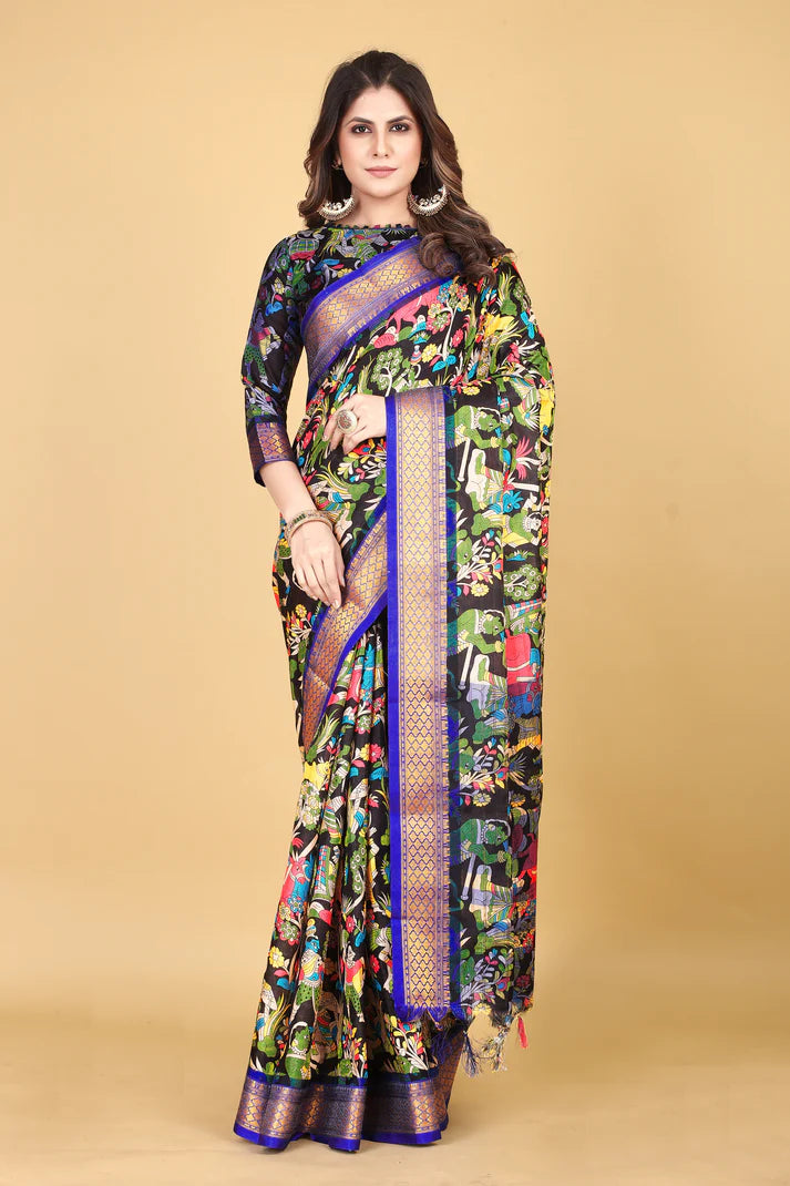 Desiring Blue Kalamkari Soft Linen Saree