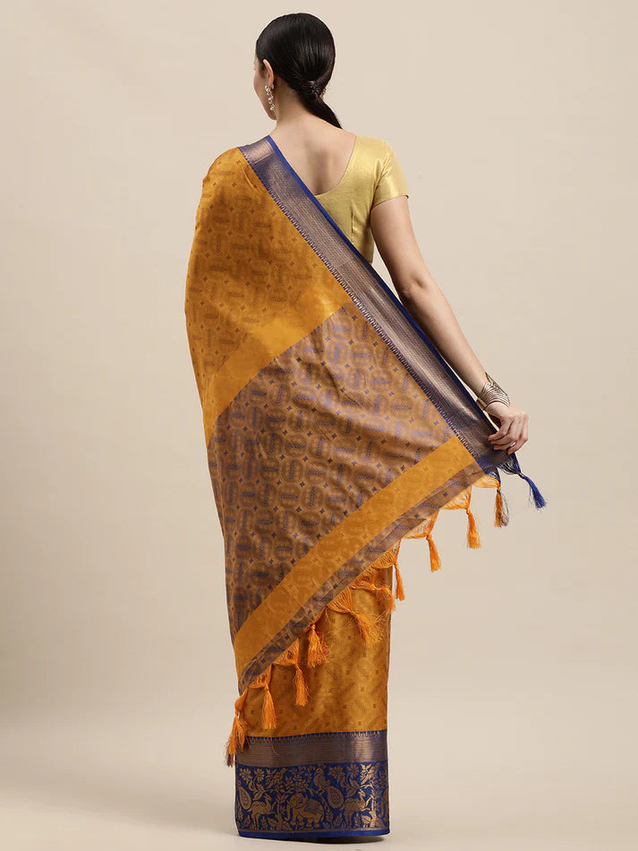 Amazing Gold Blue Soft Linen Saree