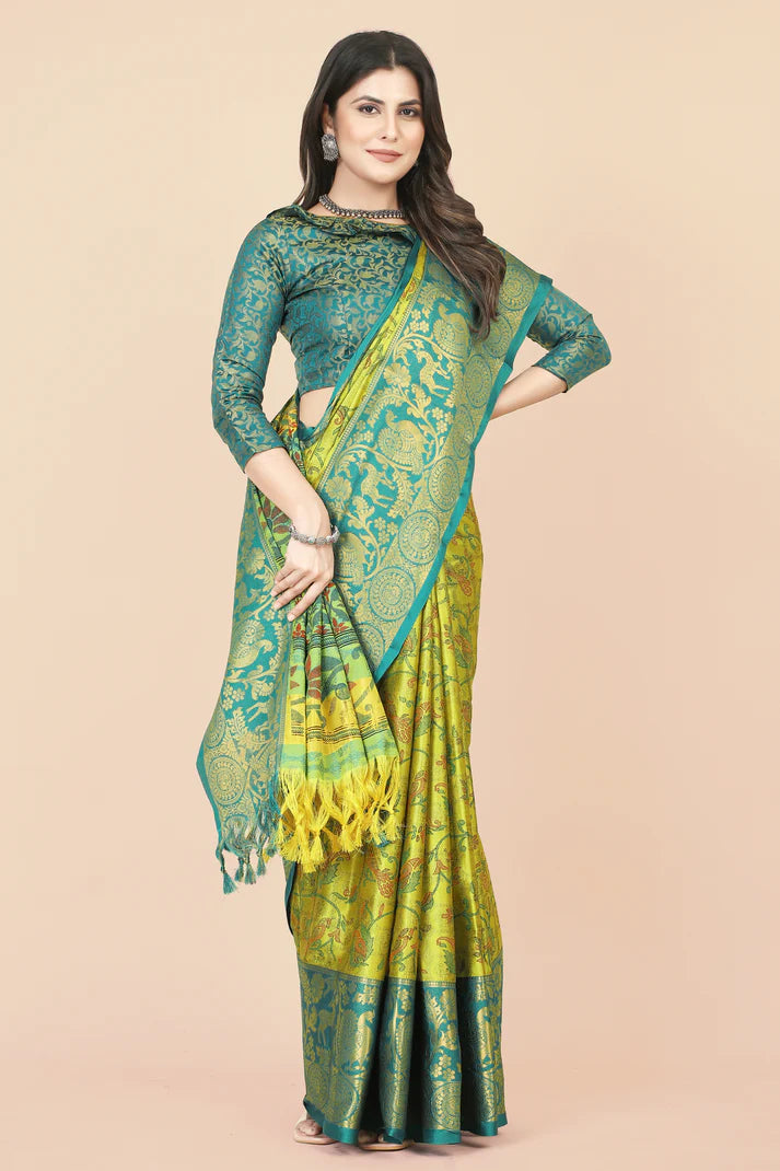 Refreshing Lemon Yellow Rama Flower Printed Soft Linen Saree