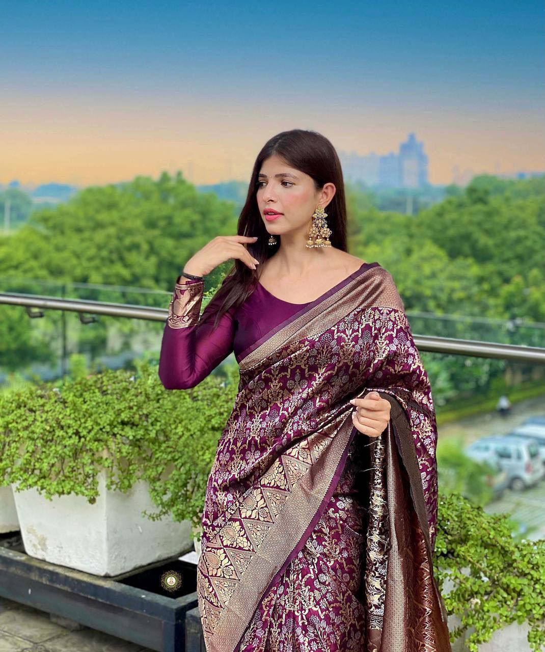 Festive Wear Violet Colored Printed Saree For Women