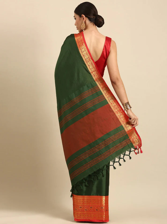 Marvellous Dark Green Red Soft Linen Saree