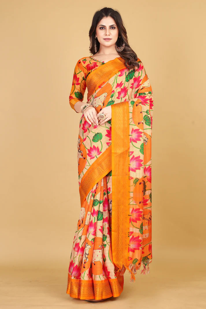 Stunning Yellow Kalamkari Soft Linen Saree