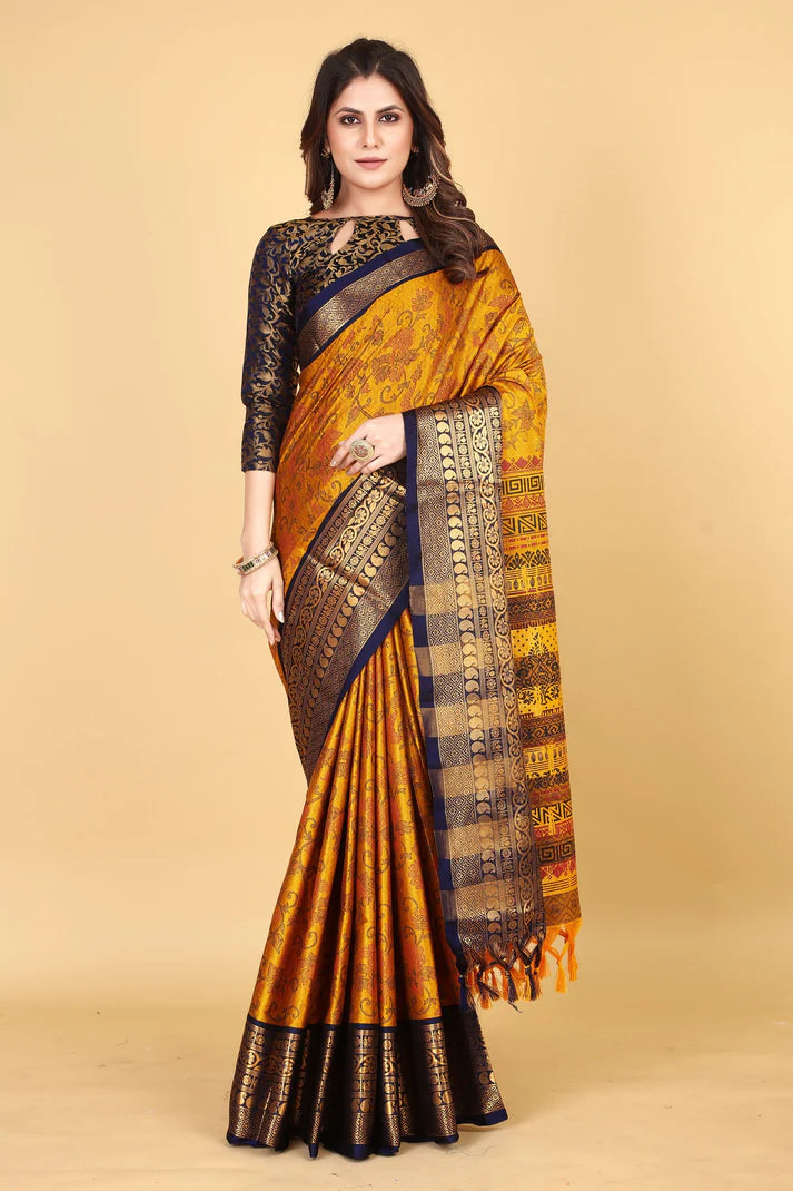 Marvellous Gold Navy Blue Flower Printed Soft Linen Saree