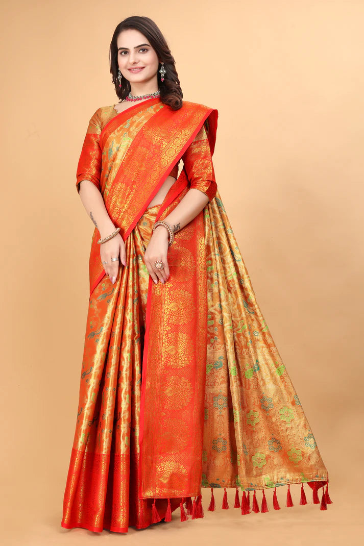 Flaunt Red Minakari Soft Linen Saree