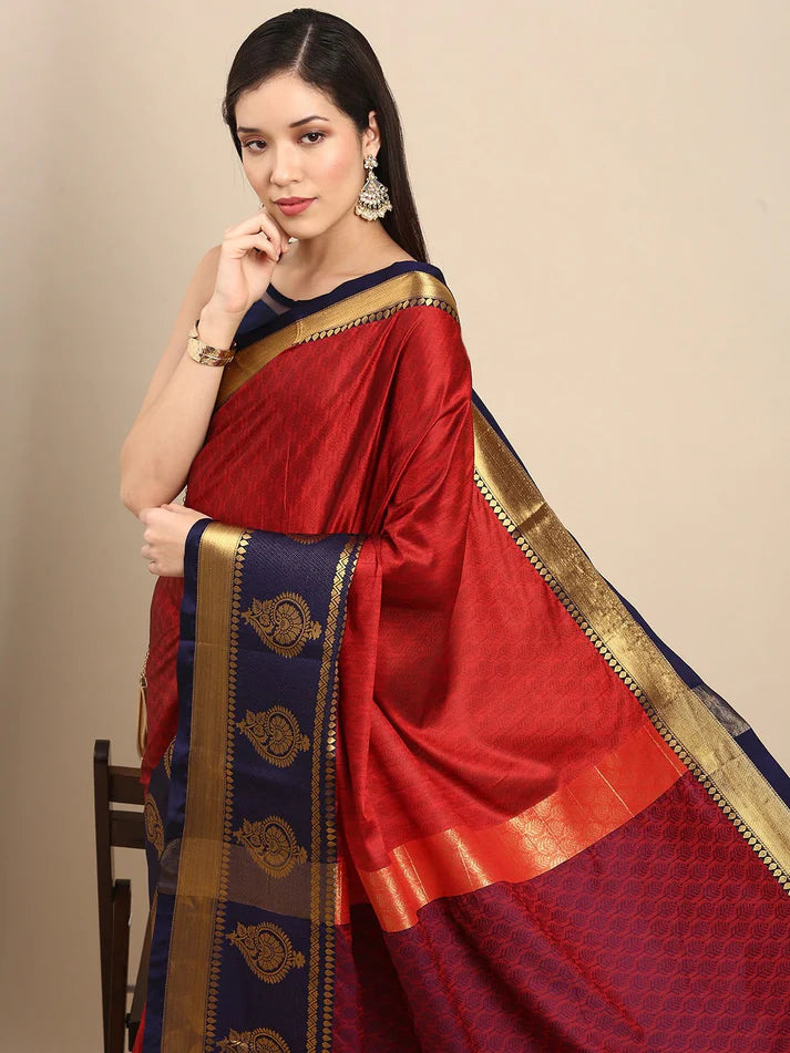 Glossy Red Navy Blue Soft Linen Saree