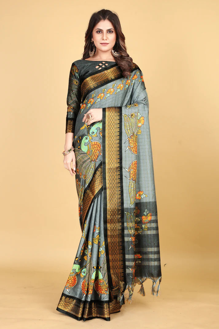 Innovative Black Kalamkari Soft Linen Saree