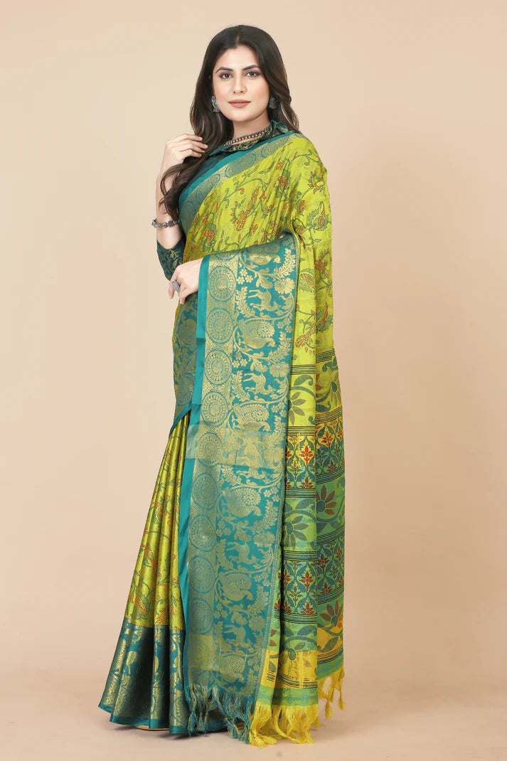 Refreshing Lemon Yellow Rama Flower Printed Soft Linen Saree