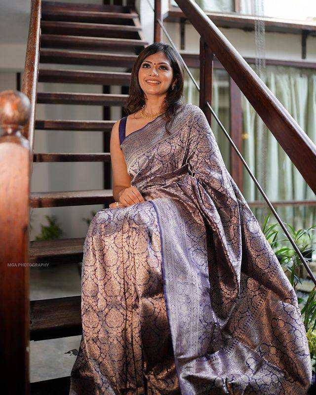 Flaunt Royal Blue Silver Colored Printed Saree For Women