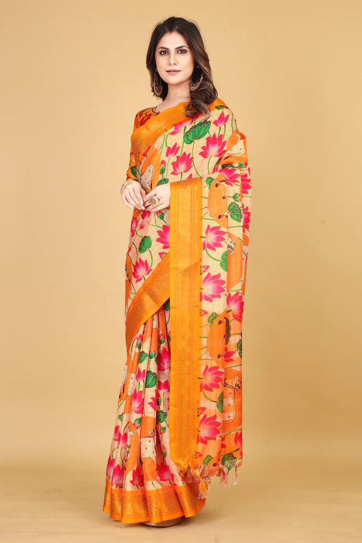 Stunning Yellow Kalamkari Soft Linen Saree