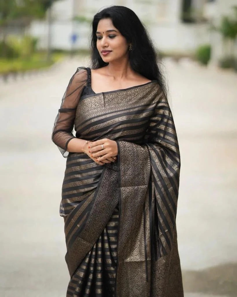 Charming Black Colored Printed Saree For Women